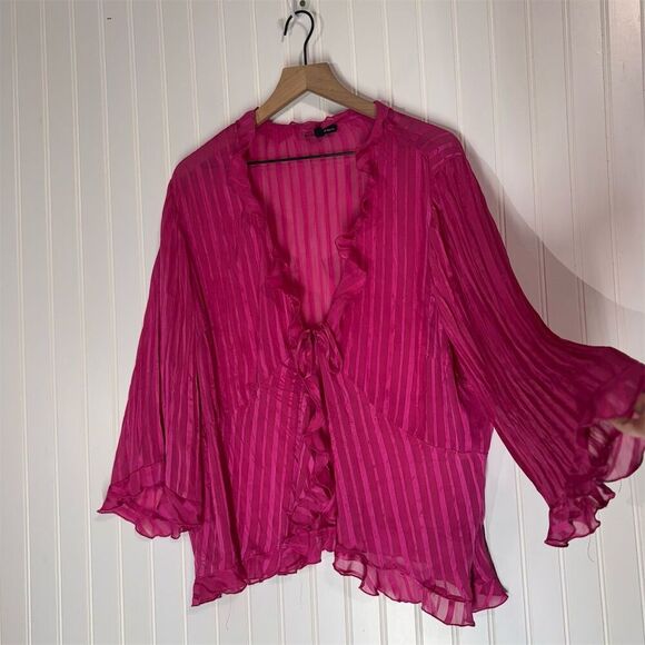 Fashion Bug Sheer Pink Ruffle Blouse 2X Whimsigoth Romantic Fairycore Tie Front - Picture 3 of 8